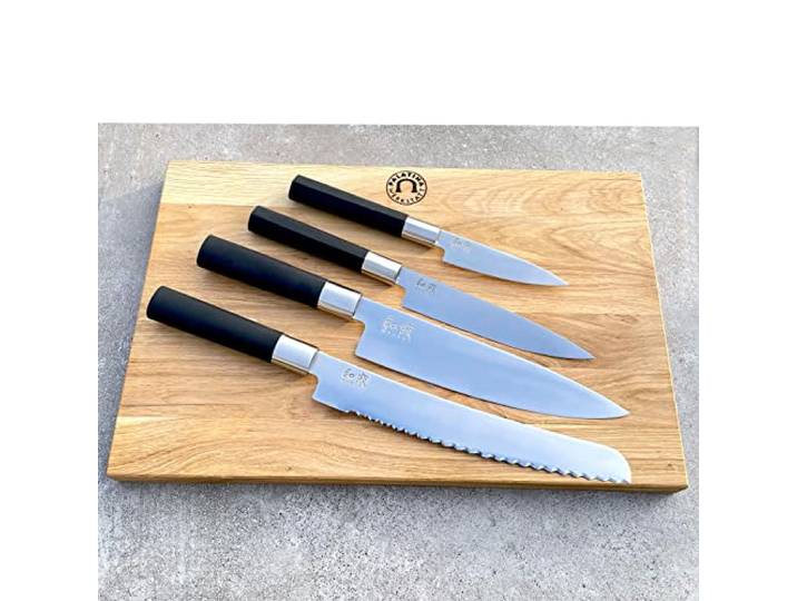 Kai Wasabi Black ultrascharfes Messerset Kochmesser 20 cm Officemesser 10 cm Allzweckmesser 15 cm Brotmesser 23 cm+ 40x25 cm Eichenbrett, handgefertigt, Sonderangebot