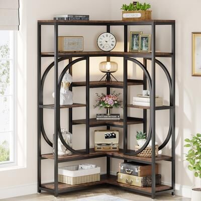 Bluebell 35.43 in. Wide Rustic Brown 14 shelf Industrial L-Shaped Corner Bookcase with Open Back