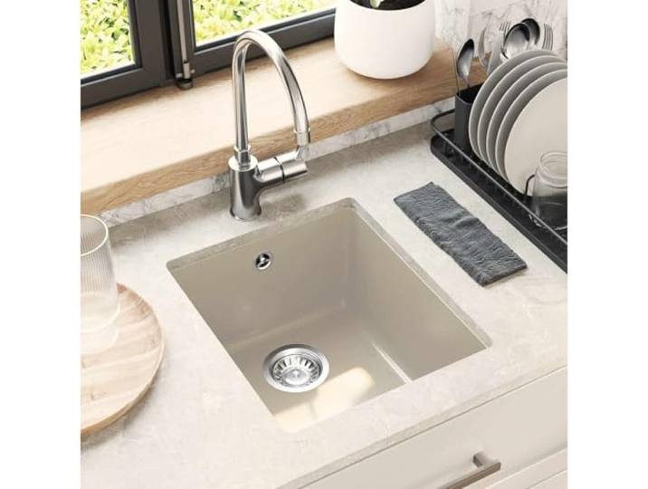 Küchenspüle aus Granit 80% Quarz und 20% Harz 370 x 460 mm Beige Eine Badewanne, vor allem schmutzabweisend, kratzfest und hitzebeständig bis 280 °C, Ablaufgarnitur mit Korbventil