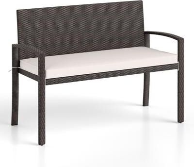 Costway Wicker 2-Seat Bench with Soft Seat Cushion and Metal Frame-White