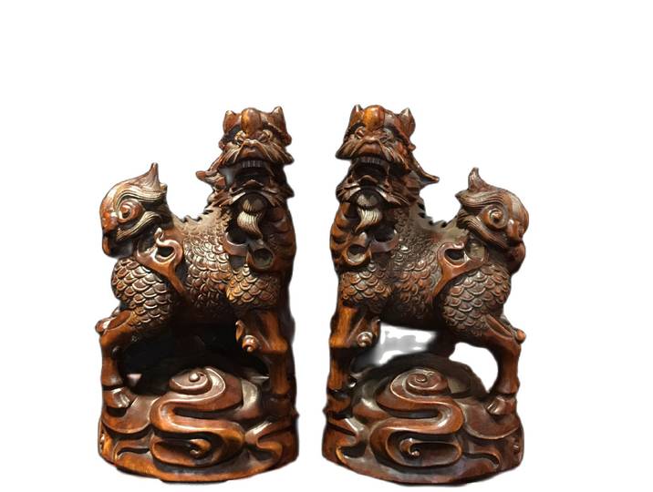 Décorations d'antiquités en bois, statue de dragon licorne sculptée, décor en bois, maison, salon, bureau, bureau mural