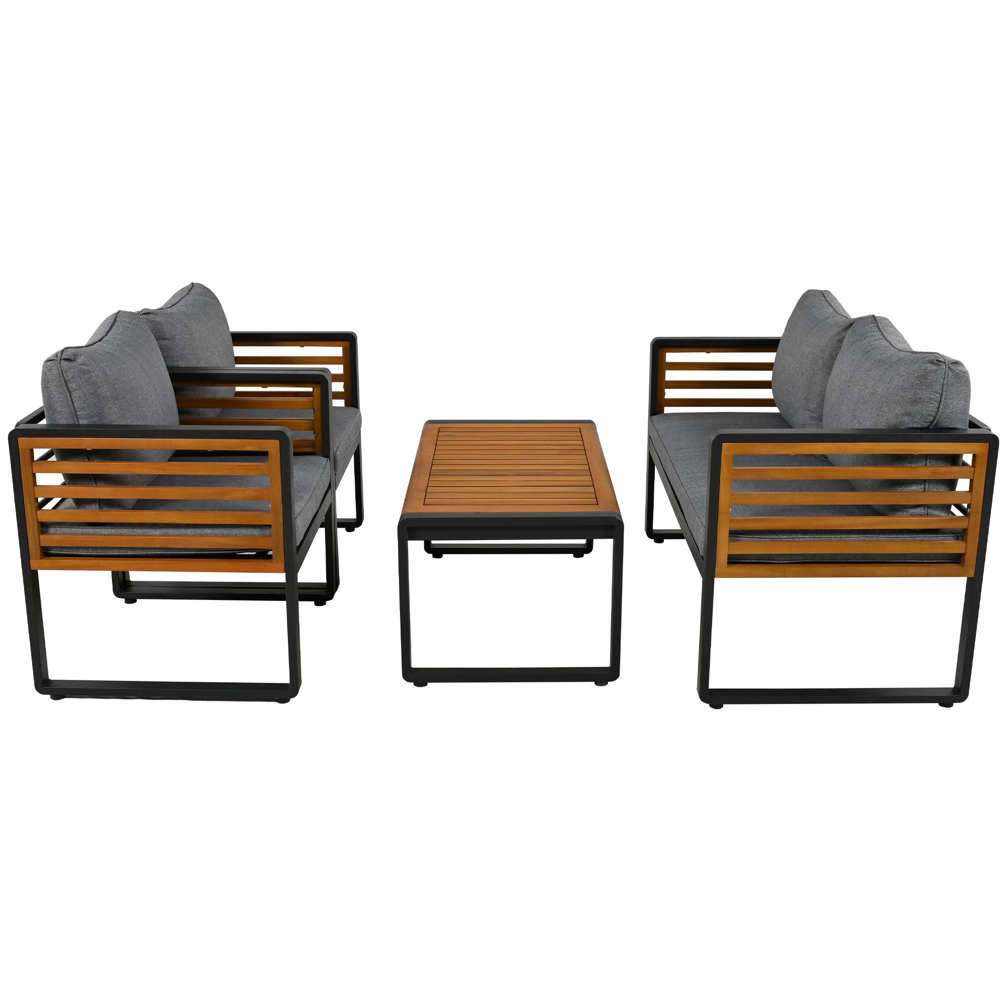 Garten Lounge Set - 4-teiliges Gartensofa Set - Metallgestell - 2-Sitzer Sofa - 2 Sessel - Holztisch - Mit Kissen - Für draußen