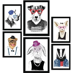 POSTER Set Mit 6 Edle Tiere Im Farbenfrohen Handgezeichneten Stil Weißer Hintergrunddruck Mit Tieren In Menschlicher Kleidung A3 & A4 Schwarzer Rahmen