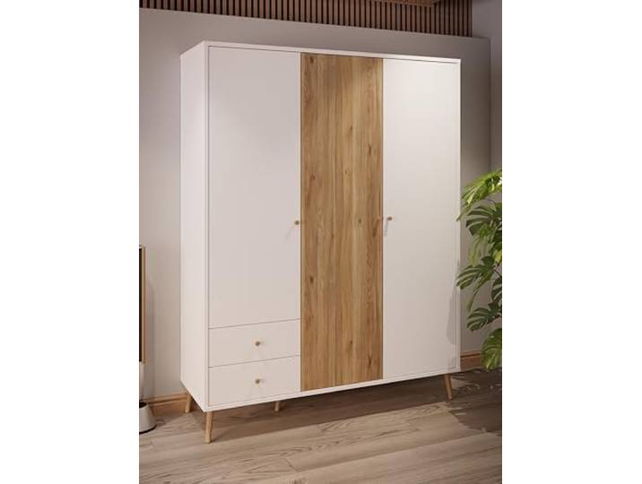 FORTE Harllson, einfache Montage Dank EasyKlix Kleiderschrank Weiß mit Holzdekor: Mauvella Eiche, 2 Türen, 2 Schubladen, Einlegeböden, Kleiderstange, 105 cm breit x 202 cm hoch x 52 cm tief