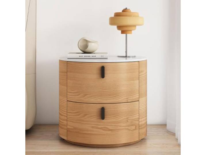 Moderner runder Nachttisch Beistelltisch aus Holz Minimalistisch Geräuscharme Schubladenführungen Für kleine Räume Für Wohnzimmer und Schlafzimmer(Beige,45cm/18in)