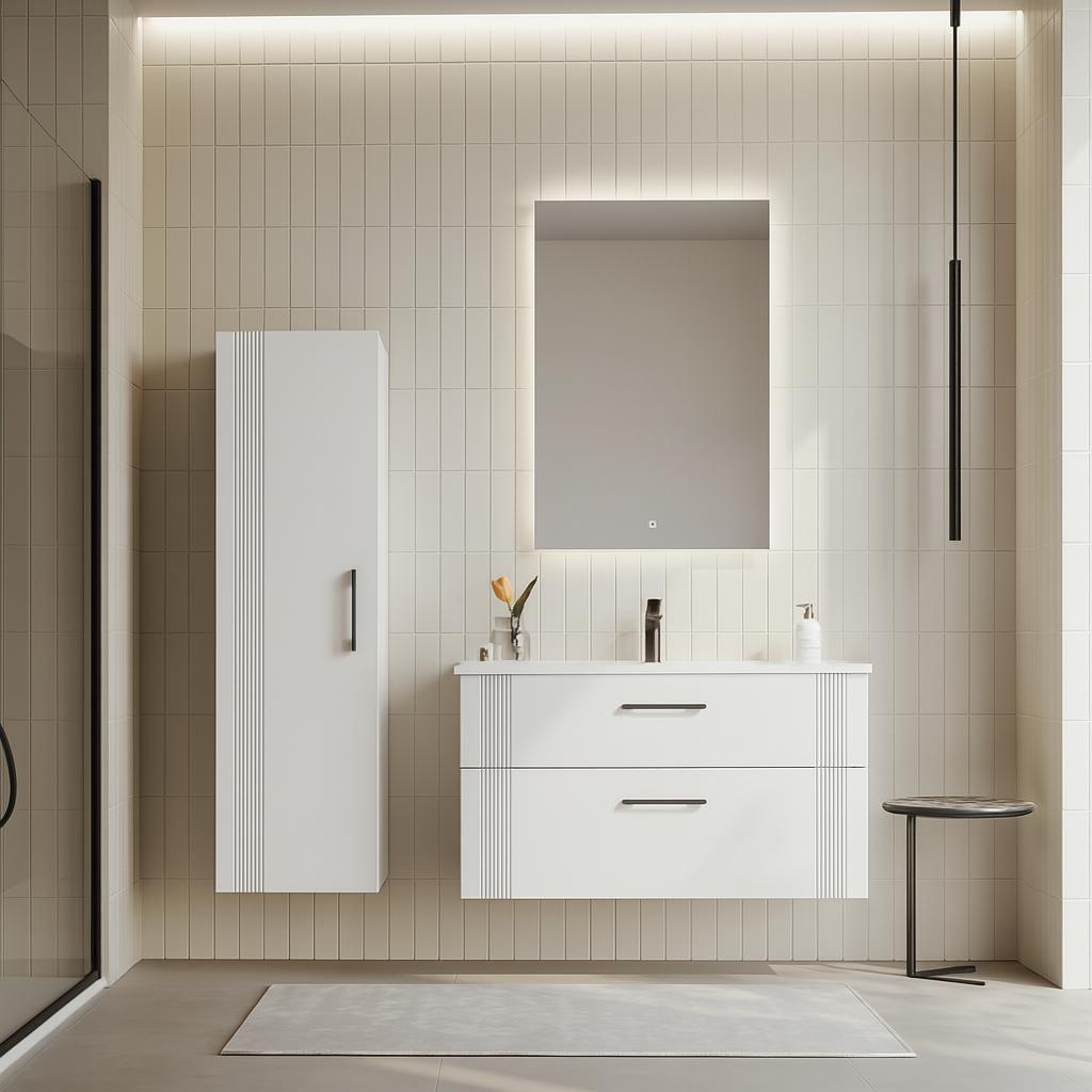 Orka | Badmöbel Set - 85 Cm - Weiß - Elegantes Design - Mit Spiegel Und Waschbecken - lautloses Schließen