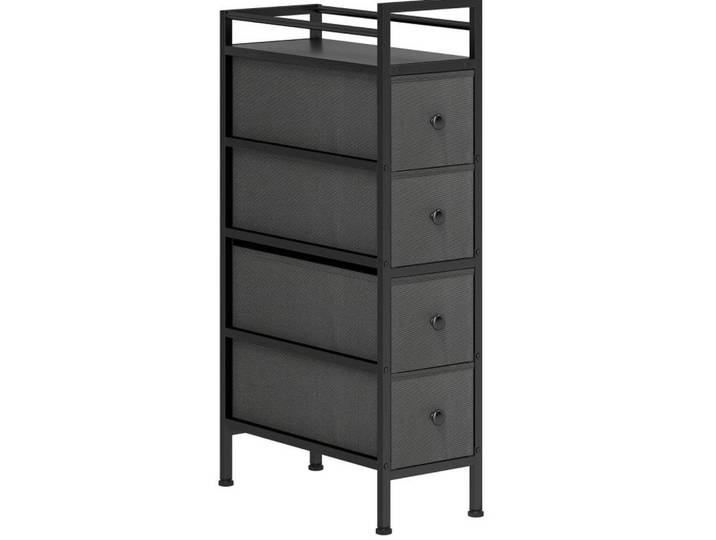 Modfu Kommode aus Holzwerkstoff 20x43x81,5 cm Schwarz mit 4 Stoffschubladen und Stahlgestell für schmale Zwischenräume, 20x81.5x43 cm, Kleinmöbel, Kommoden, Kommoden