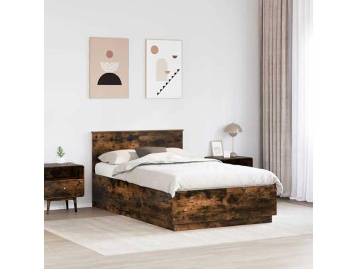 SKTQYQO Bettgestell Eiche Rauchgrau 135 x 190 cm Technisches Holz, verstellbares Kopfteil, quadratische Beine, pflegeleicht