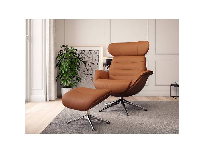 home24 Relaxfauteuil LESO bruin/kastanjebruin echt leer Danbi zonder hocker chroomkleurig glanzend 90 x 107 x 90cm