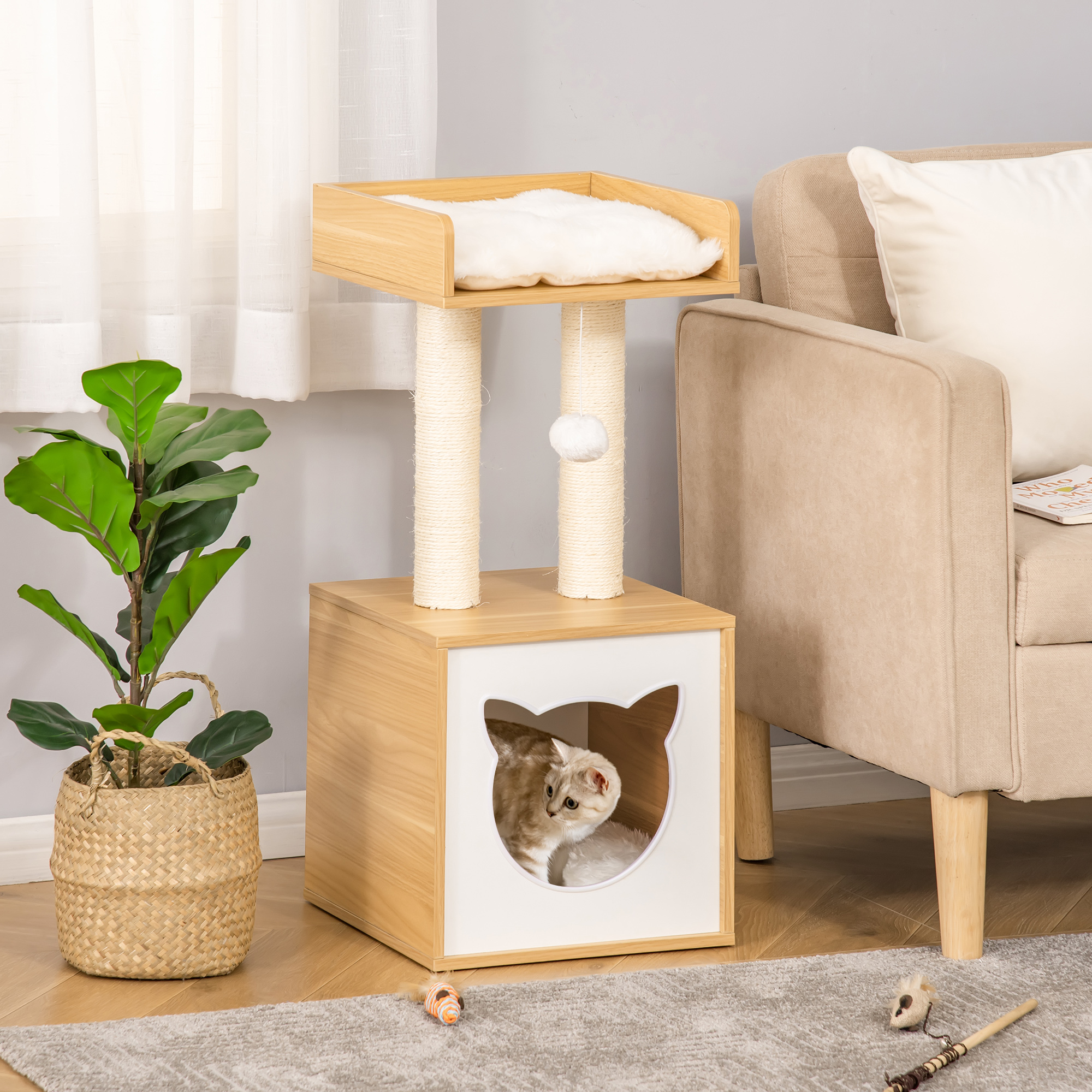 Pawhut Casetta per Gatti con Pali Tiragraffi in Sisal, Cuccia e Lettino con Cuscini Lavabili e Pallina, 35x35x81cm, Rovere Aosom