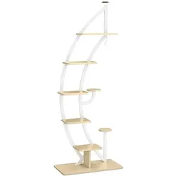 COSTWAY 6-stufiger Pflanzenständer aus Metall in Halbmondform, Blumenregal mit 2 kleinen Ablagen und Haken oben