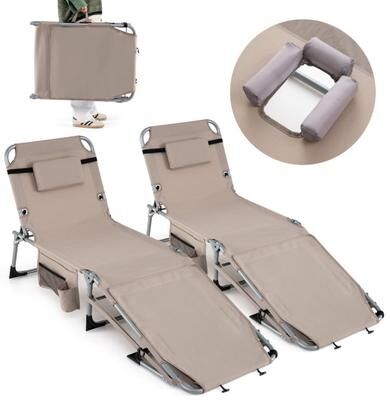 Costway Set of 2 Tanning Chairs with Face Arm Holes Portable with 4-Level Backrest-Beige