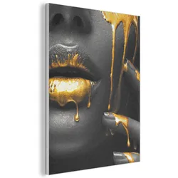 AKUSTIKBILD Frau - Schwarz - Gold - Gesicht - Lippen Kunstdruck Schlafzimmer 50x70 cm