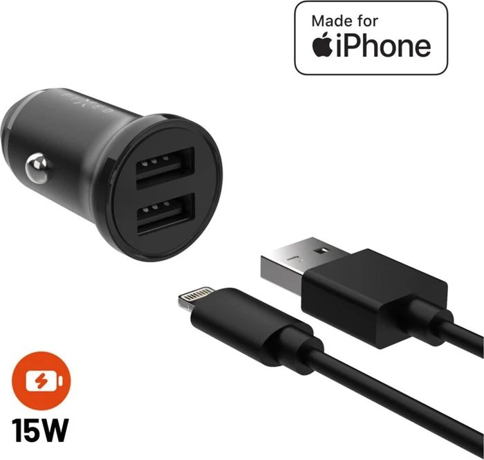 FIXED mit 2xUSB Ausgang und USB/Blitzkabel 1 Meter MFi Zertifizierung 15W Smart Rapid Charge schwarz
