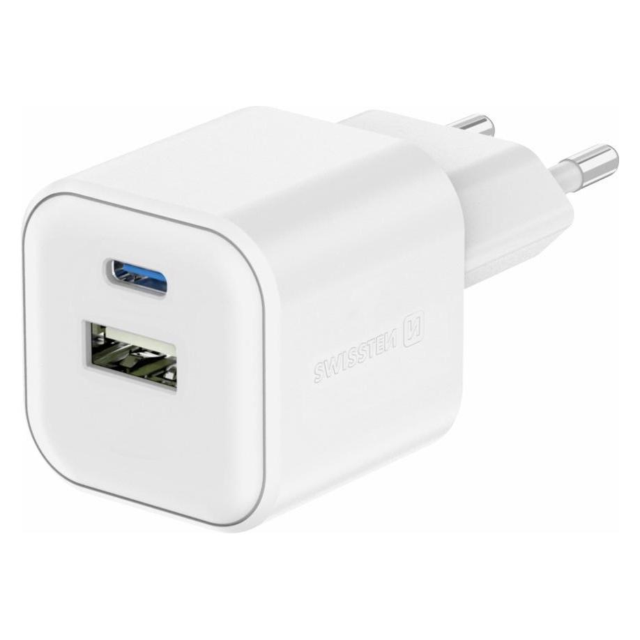 Swissten Travel Charger Gan 1X USB-C 20W PD + 1X USB-A 18W QC White (20 W, 2 Ports) (22071100)
