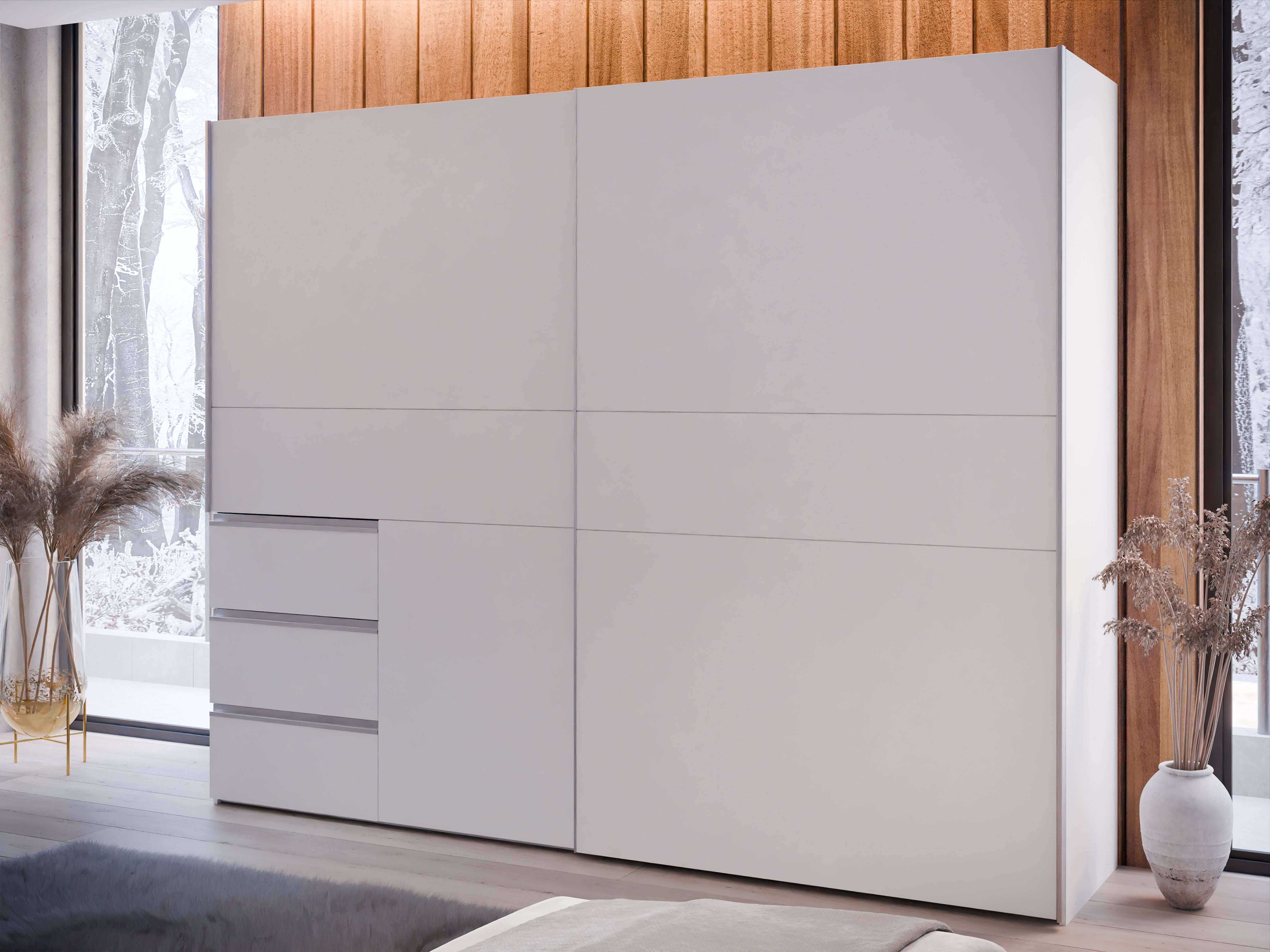 Schwebetürenschrank FORTE, weiß, B:249,1cm H:200,5cm T:61cm, Dekorfolie, Holzwerkstoff, Metall, Schränke, Schwebetürenschrank, Schwebetürenschrank, Stauraum, Schubkästen, erhältlich in 2 Dekoren