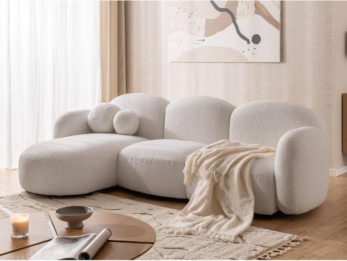 Nuvola - Moderne Ecksofa L-Form aus Weiß Bouclé-Stoff mit abgerundetem Design und hohem Sitzkomfort