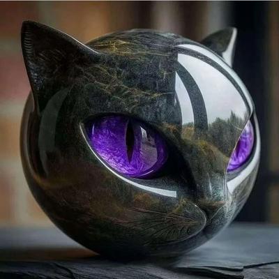Uplifted Finds Obsidian Glaze Feline Sculpture   Emerald Eye Cat Head Figurine   Executive Studio & Mystique Sanctuary Decor purple