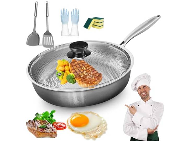 Pealeaf Titan Pfanne 28 cm Unbeschichtet, Titanium Bratpfanne mit Deckel und Physikalischer Antihaft-Struktur, Induktionsgeeignet für Alle Herdarten, Hochwertige Küchenpfanne (Mit Deckel,28CM)