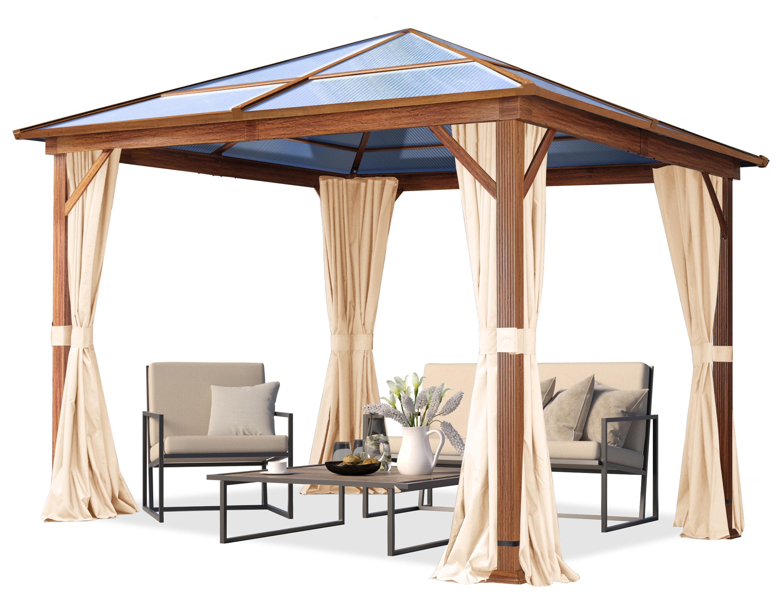 Gartenpavillon 3x3 m Holzoptik, ca 8 mm Polycarbonat-Dach, 4 Seitenteile in champagner