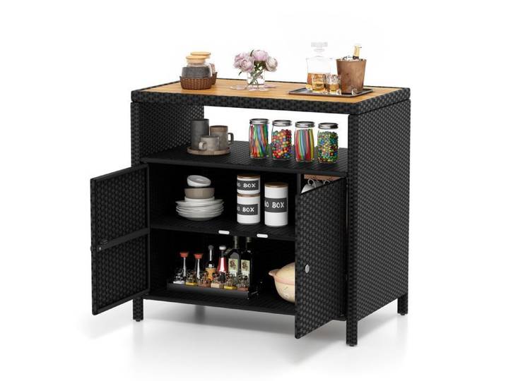 COSTWAY Coffre de Rangement en Rotin avec Plateau en Acacia 2 Portes Armoire de Jardin en Osier pour Piscine Terrasse Patio Noir