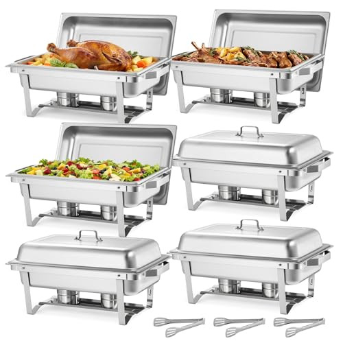 VEVOR Chafing Dish Set 6 stuks, 8,5 liter, RVS buffet warmhoudschalen met handvatten, 3 tangen, deksels en brandstofhouder, zilver