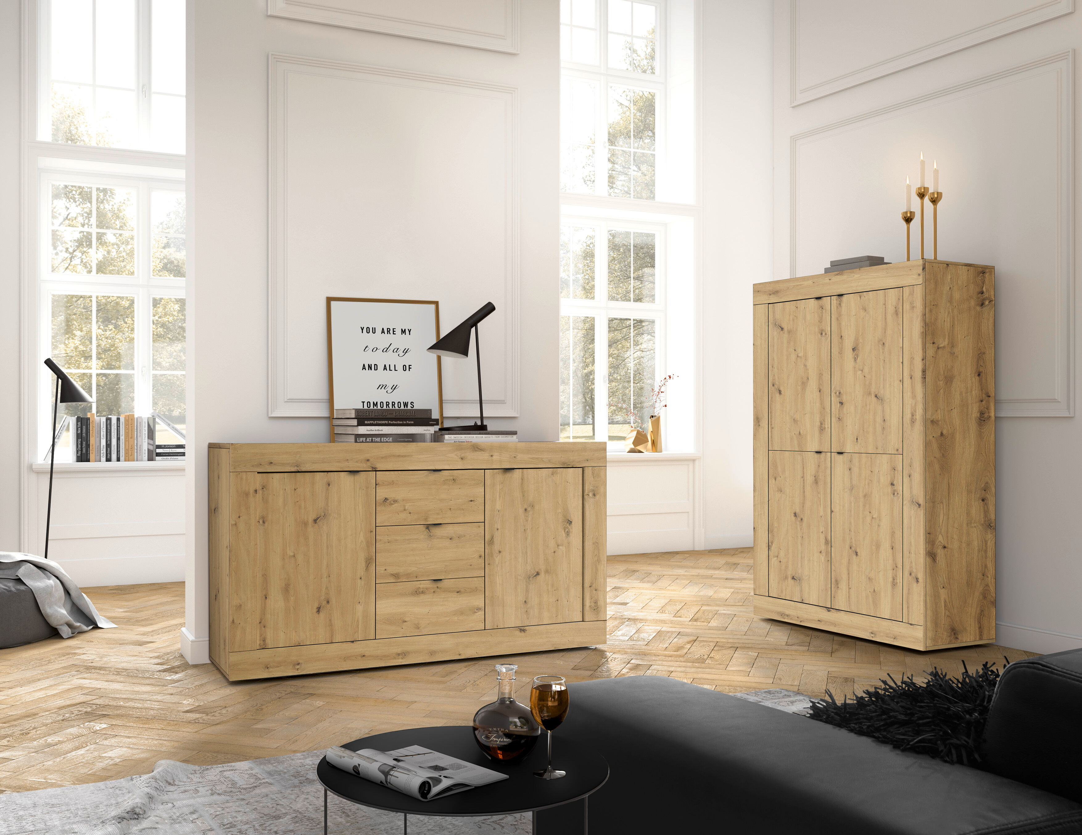 Sideboard HOME AFFAIRE "Basic", braun (eiche artisan nb), B:160cm H:86cm T:43cm, Sideboards, Sideboard, Breite 160 cm, 2 Türen 3 Schubkästen