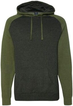 Independent Trading Co. IND40RP Raglan Hooded Sweatshirt in Charcoal Heather/Army Heather size Small   Cotton/Polyester Blend IND40R, IND40RPJ1