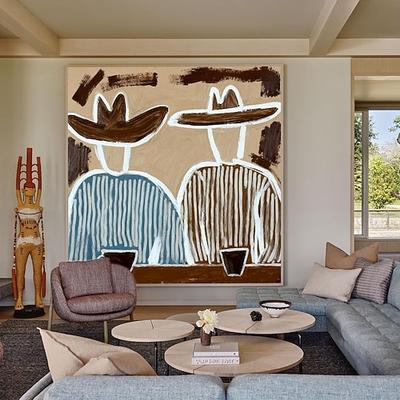 Kaffeepause im Cowboy-Stil – abstraktes Cowboy-Gemälde in Blau und Braun