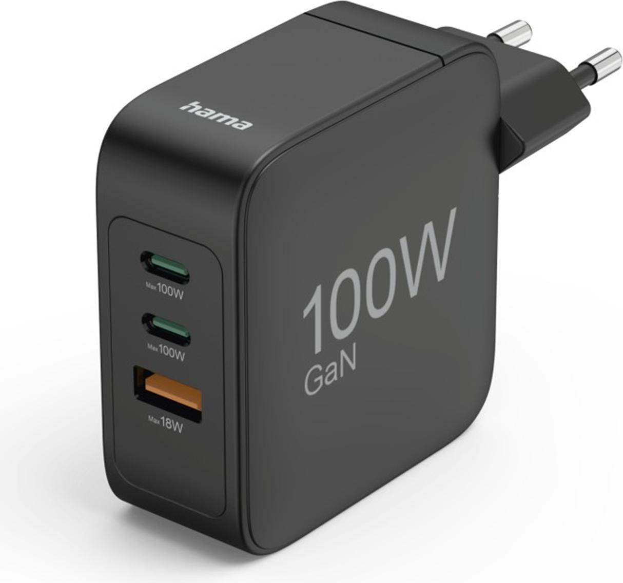 Hama GaN snellader met 2x USB-C, 1x USB-A en 100W Power Delivery, zwart