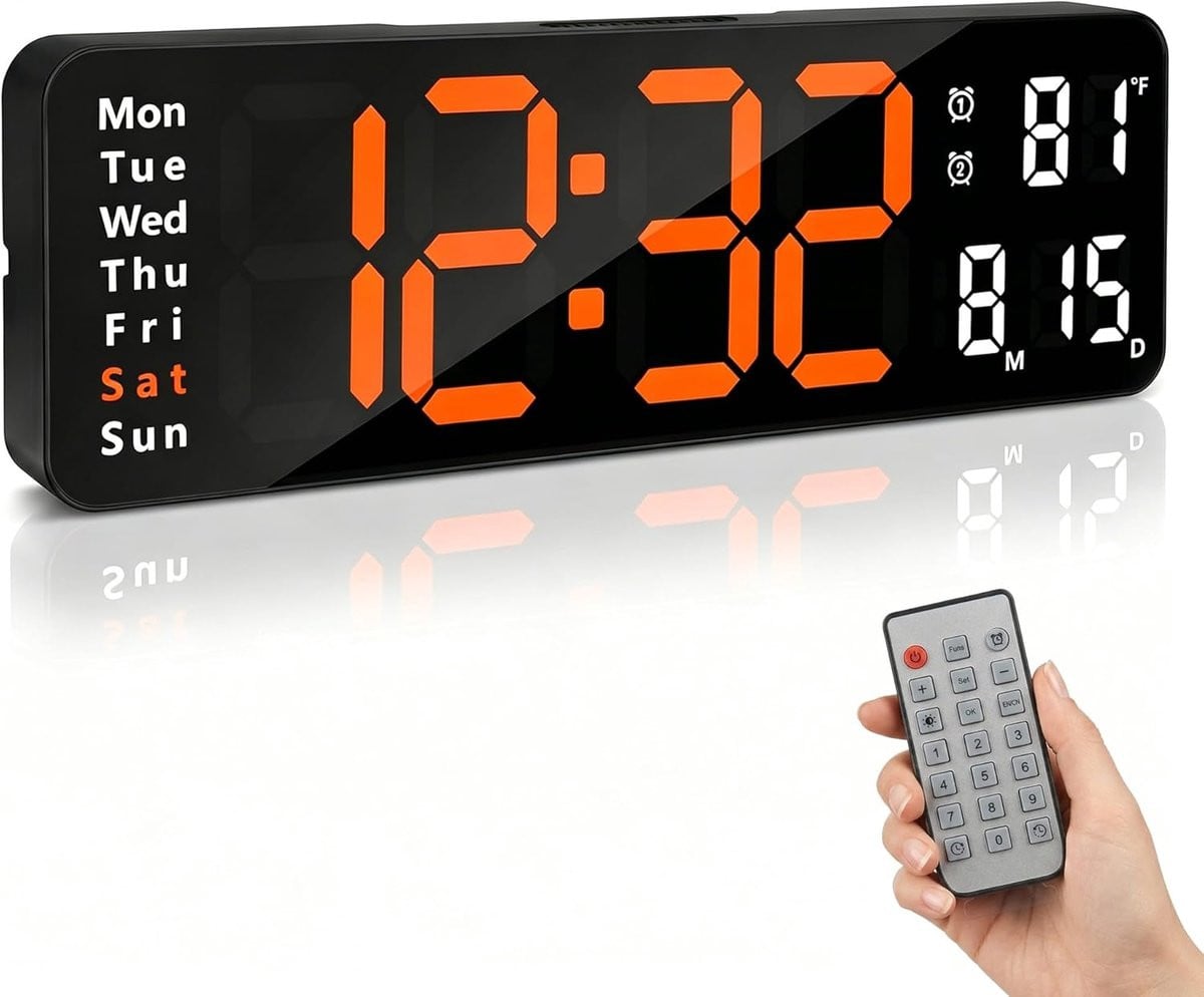 Merkloze 13-inch LED digitale wandklok met afstandsbediening en instelbare helderheid - Oranje