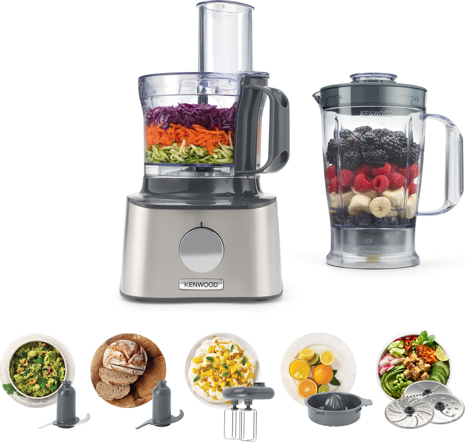 Kenwood Multipro Compact FDM301SS keukenmachine in zilver en zwart met roestvrijstalen elementen