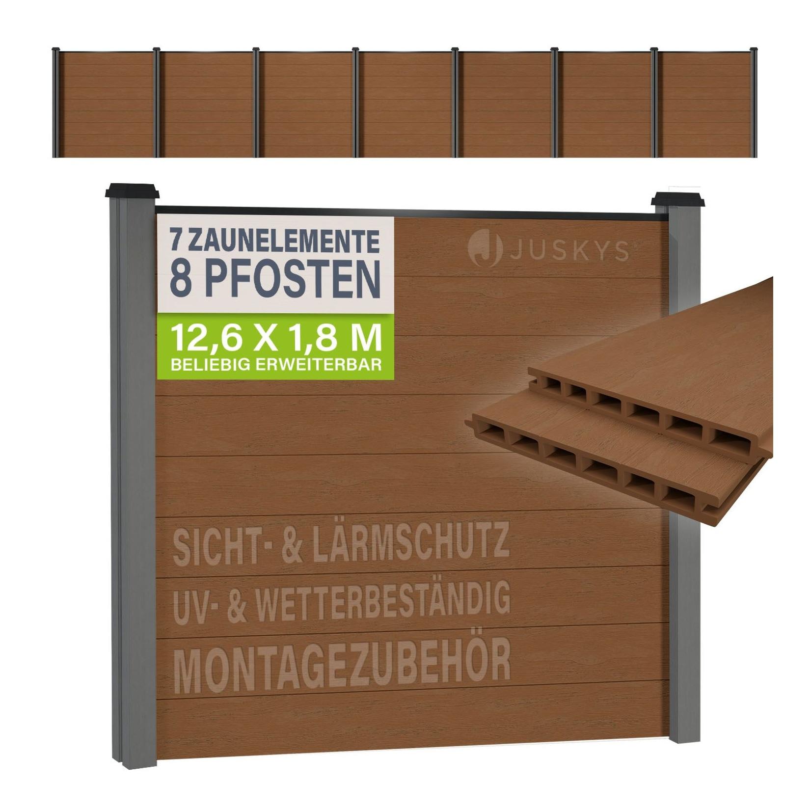 JUSKYS® WPC Sichtschutzzaun 7er Set - 7x Element + 8x Pfosten & Zubehör, Gartenset WPC- & Stahlkonstruktion, Anthrazit / Grau
