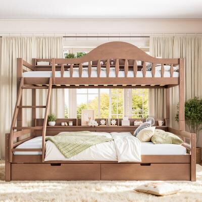 GREATPLANINC Solid Wood Bunk Bed with Storage Drawers Curved Guardrail Shelves Ladder