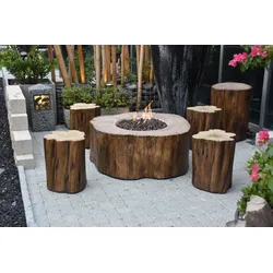 Gardenforma Sitzgruppen -Set: Gas Feuerstelle Manchester aus Faserbeton in Baumstammoptik, redwood & 4x Hocker rot