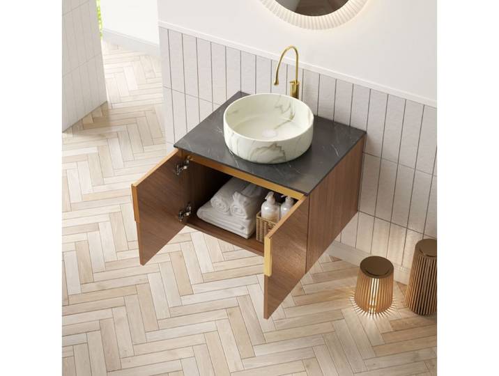 Meuble sous vasque suspendu 61 cm vasque ronde en céramique plan noir en pierre frittée chêne marron 2 portes