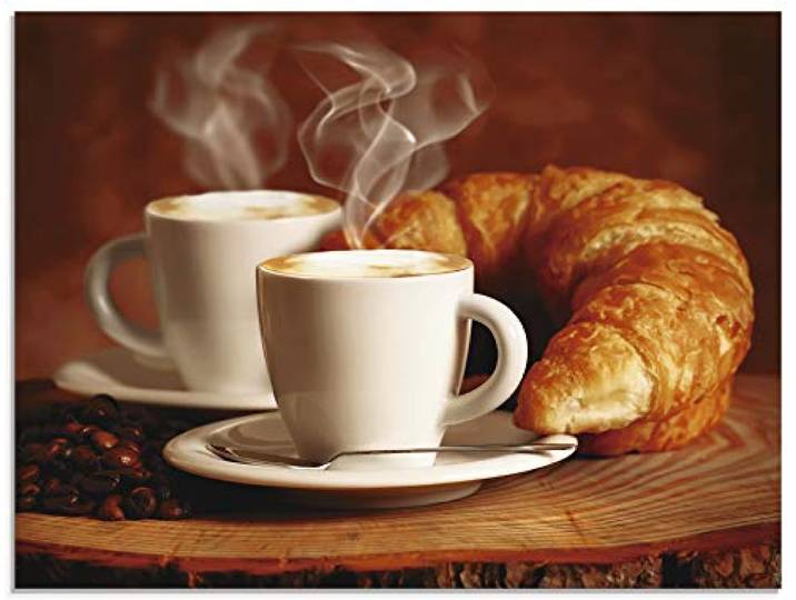 ARTland Wanddeko Glasbilder Wandbild Glas Bild einteilig 80x60 cm Querformat Kaffee Coffee Cafe Cappuccino Kaffeebohnen Croissant Frühstück T5XO