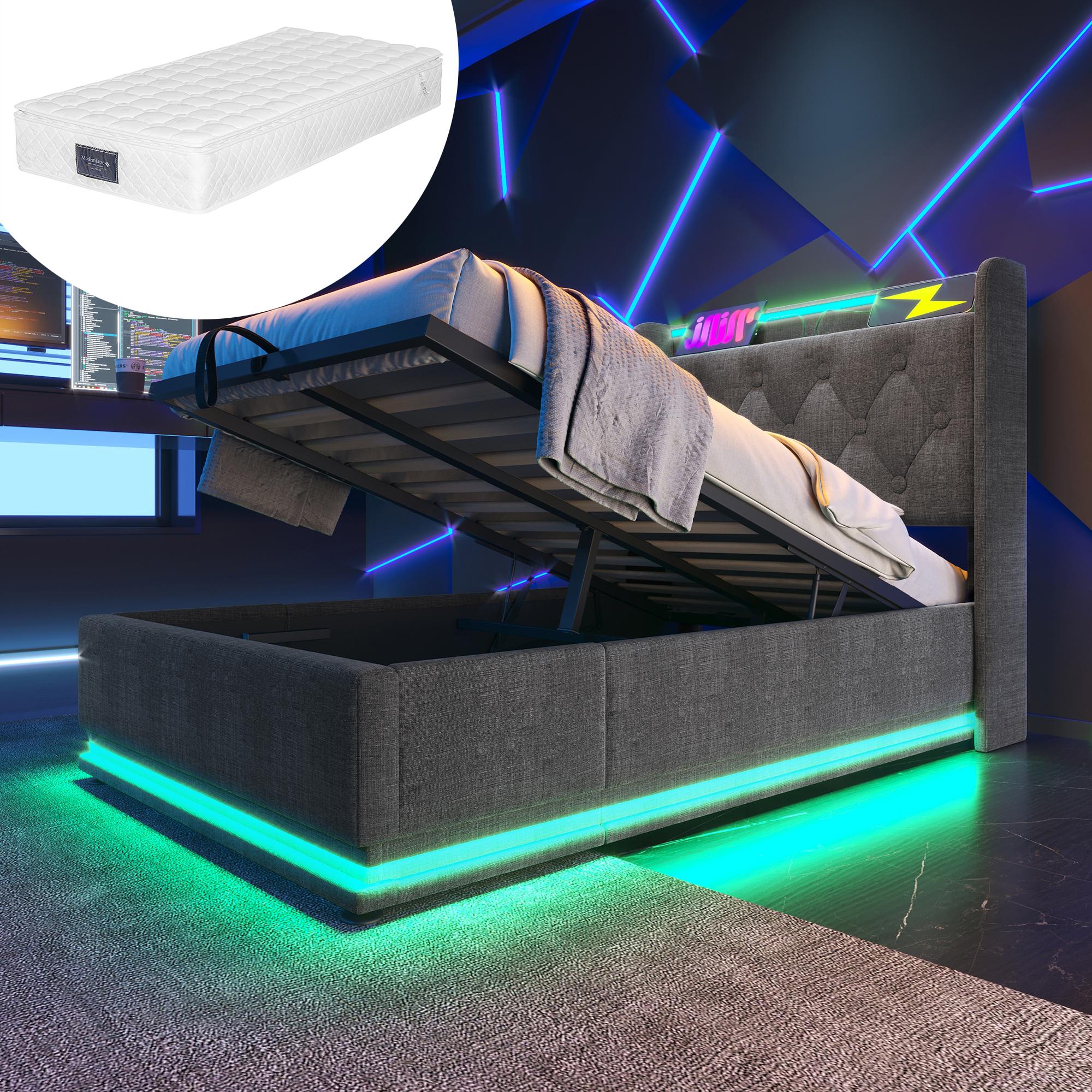 Polsterbett einzelbett,360-Surround-LED-Funktion, Drucktaste/App/Fernbedienung,90*200 cm, Grau Leinen-Material Hydraulisches Lagerbett