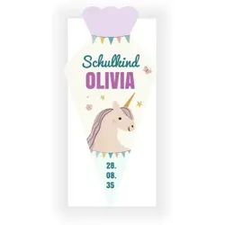 Einladungskarte Einschulung: Schultüte Einhorn in Creme