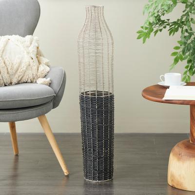 ARCILLA ELEMENTAL Silver Metal Tall Vase with Woven Black Rattan Base