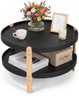 "Costway 23.5"" 2-Tier Round Coffee Table with Solid Wood Legs and Open Storage Shelf-Black"