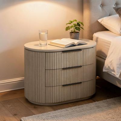 Benjara Dery Nightstand with USB Ports, 3 Ribbed Front Drawers, Light Oak Brown