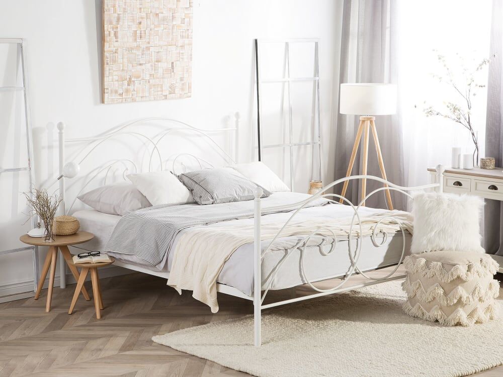 Beliani Lit double en métal blanc 140x200 Blanc 208x118x147cm
