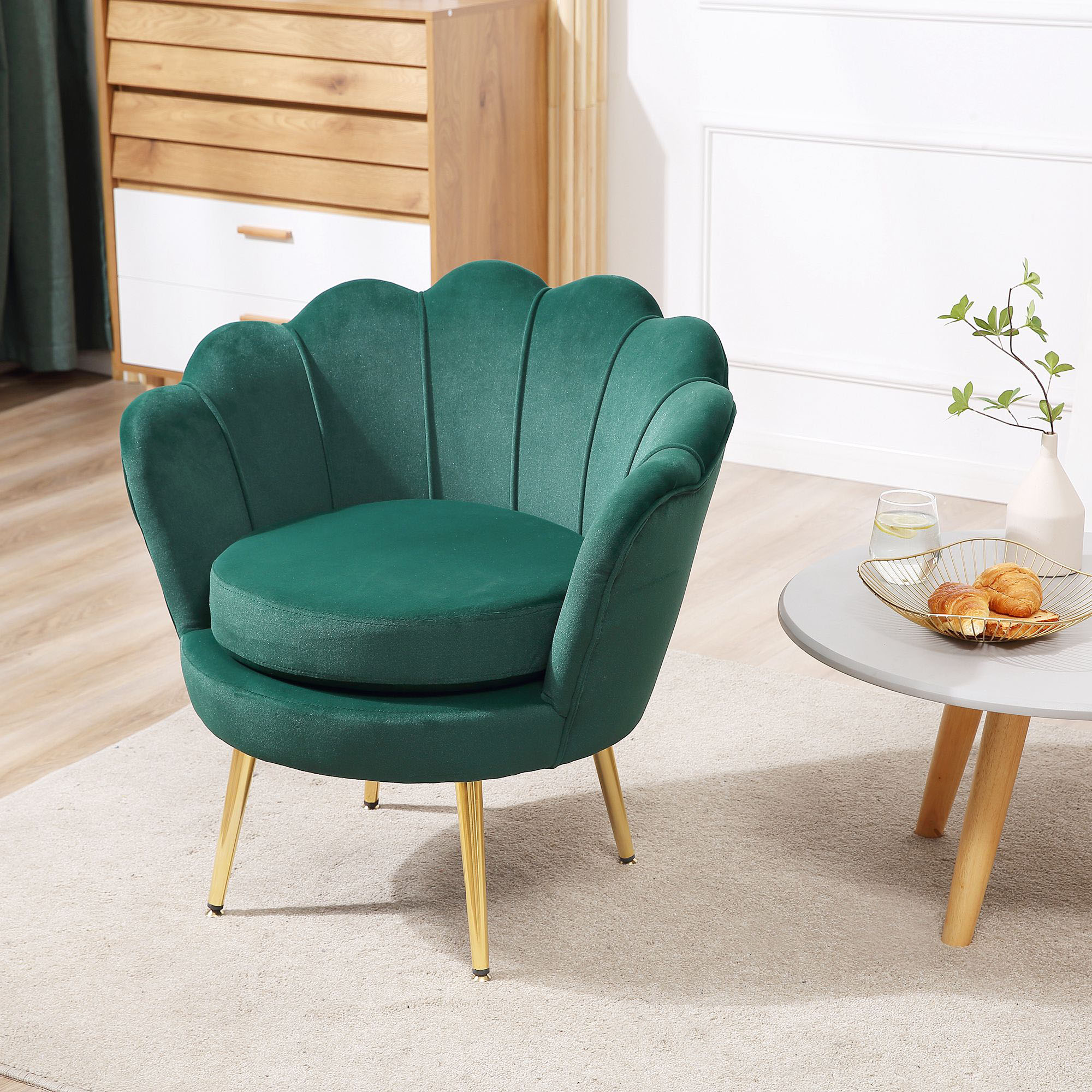 Homcom Poltroncina Vintage in Velluto con Gambe in Metallo Dorato, Poltrona a Conchiglia per Soggiorno, Reception o Ufficio, 76x67x74cm, Verde Aosom