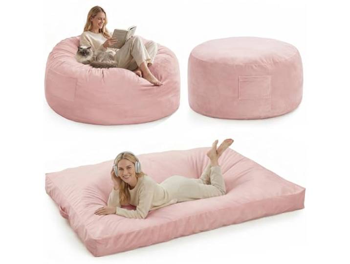 Garvee Sitzsack XXL mit Memory Foam – 4-in-1 Bean Bag für Erwachsene Loungesessel & Schlafbett, Waschbarer Samtbezug, 112 x 112 x 70 cm, Korallenrosa