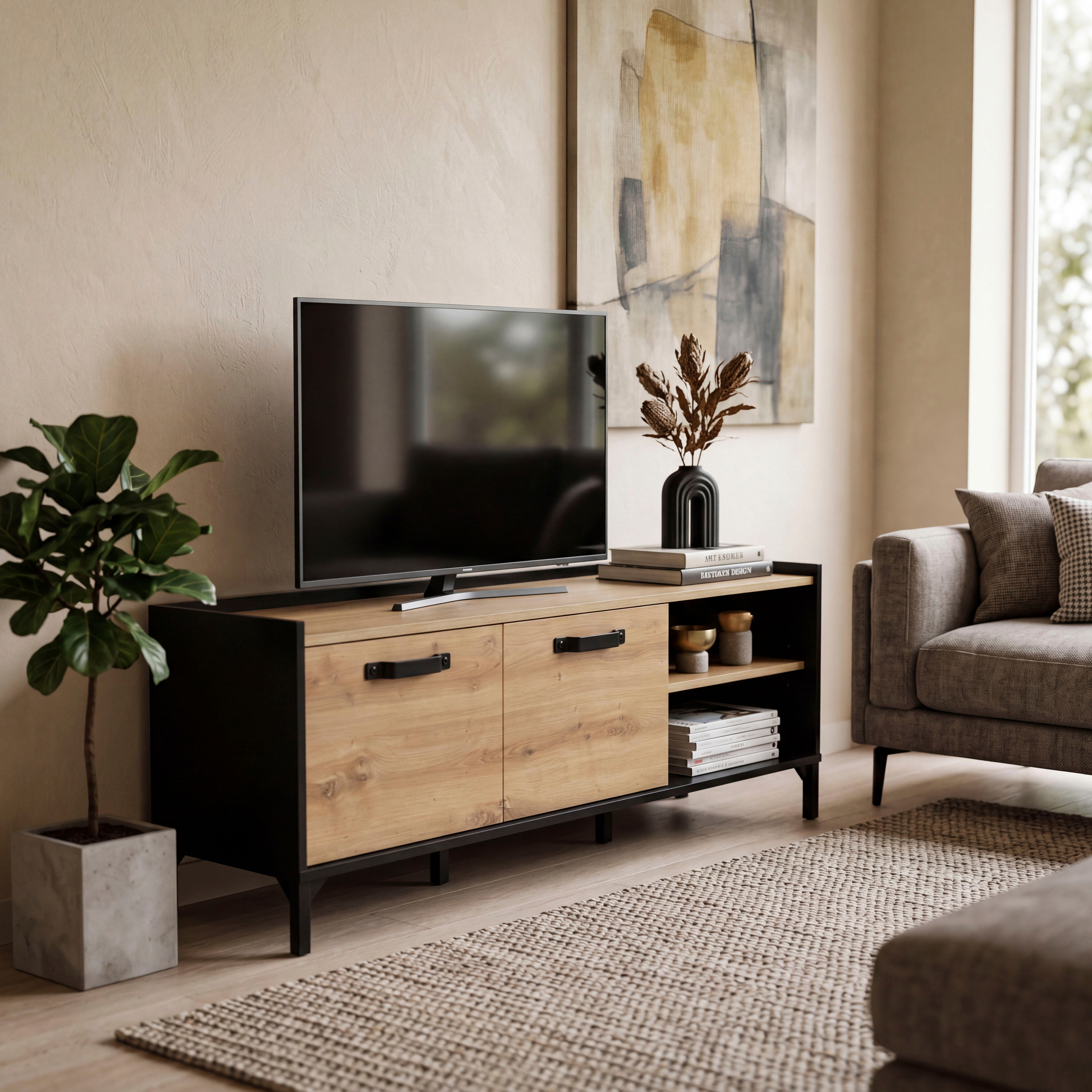 TV-Board GAMI "CAMDEM", eiche artisan, schwarz, B:136cm H:53cm T:40cm, Spanplatte, Sideboards, TV-Board, Bietet viel Stauraum