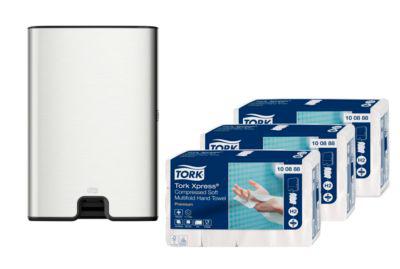 Sparset Falthandtücher Tork® Xpress® Compressed 100888, 2-lagig, 6120 Tücher, weiß + Xpress® Multifold-Handtuchspender ImageLine 460004, Edelstahl