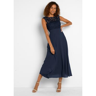 Maxikleid BONPRIX "Maxikleid mit Spitze", Damen, Gr. 54, N-Gr, ohne Ärmel, Spitze, blau (dunkelblau (länge: regulär)), Spitze, Obermaterial: 100% Polyester. Futter: 100% Polyester. Spitze: 100% Polyester, unifarben, festlich, tailliert knöchellang,...