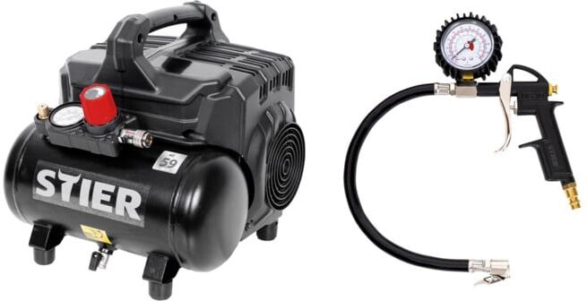 Set STIER Flüsterkompressor FKT 215-8-6 ölfrei + Stier Reifenfüll-Messgerät SRF