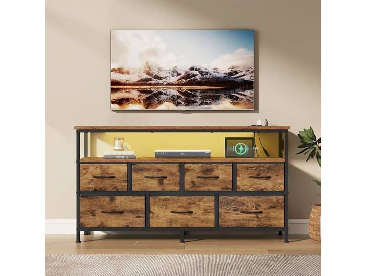 Commode avec LED et Prises 7 Tiroirs en Tissu Étagère Ouverte Meuble de 7 Tiroirs Marron Rustique + Noir D'encre